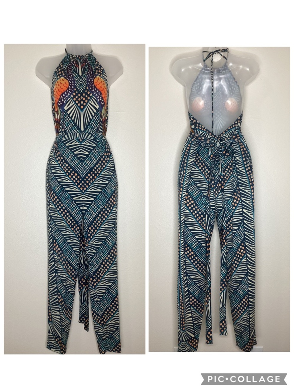 Mara Hoffman Peacock Teal & Coral Halter-Back Printed Jumpsuit Sm